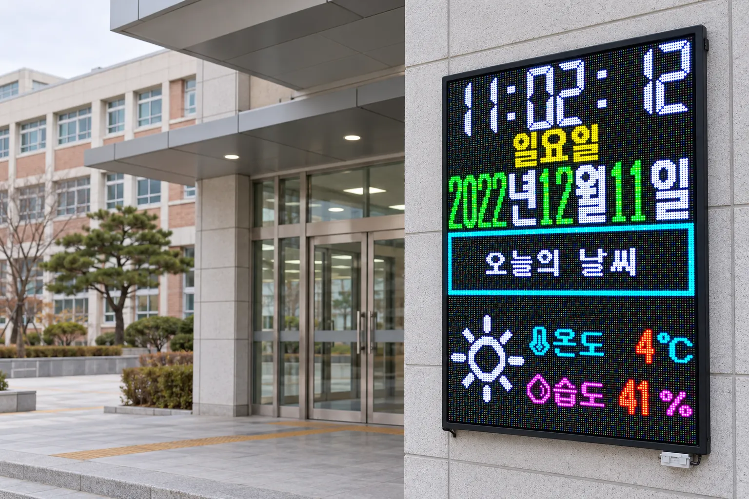 학교 현관 시계 · 날씨 전광판